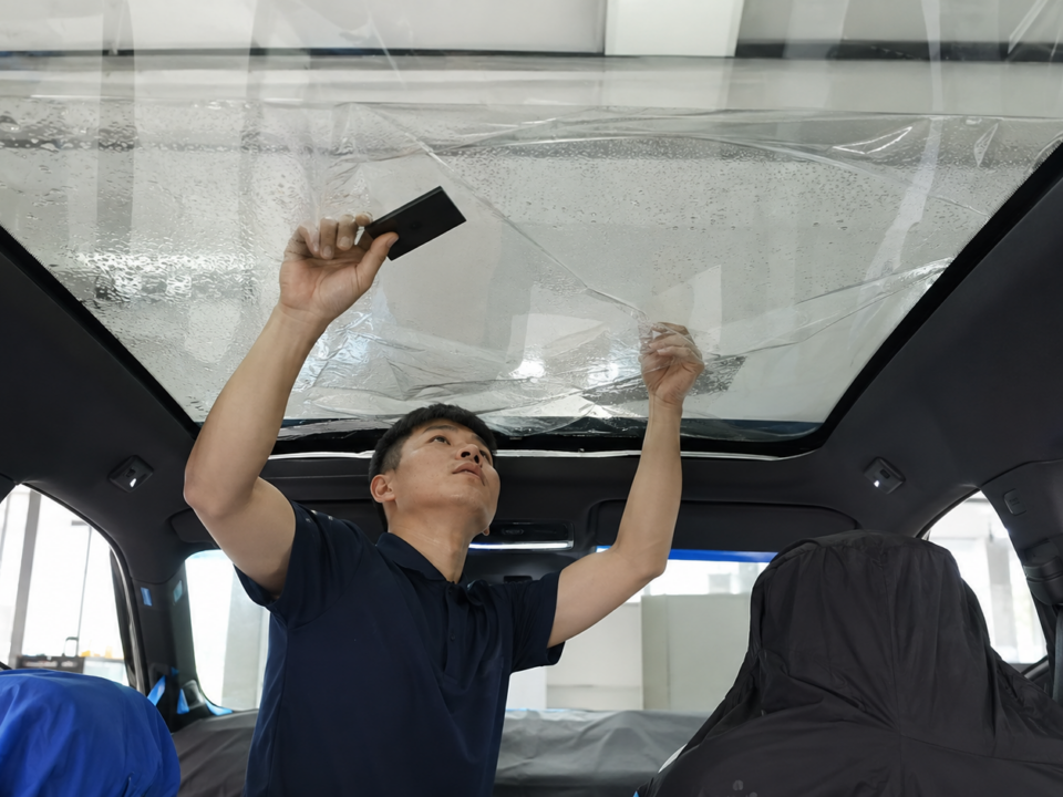 技师在新能源SUV车内进行全景天幕隔热膜施工示意