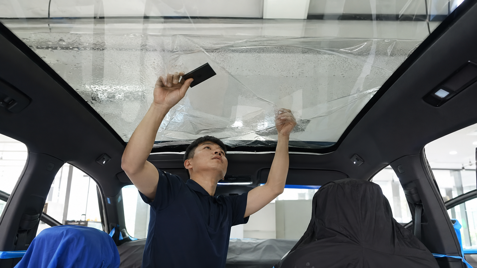 技师在新能源SUV车内进行全景天幕隔热膜施工示意